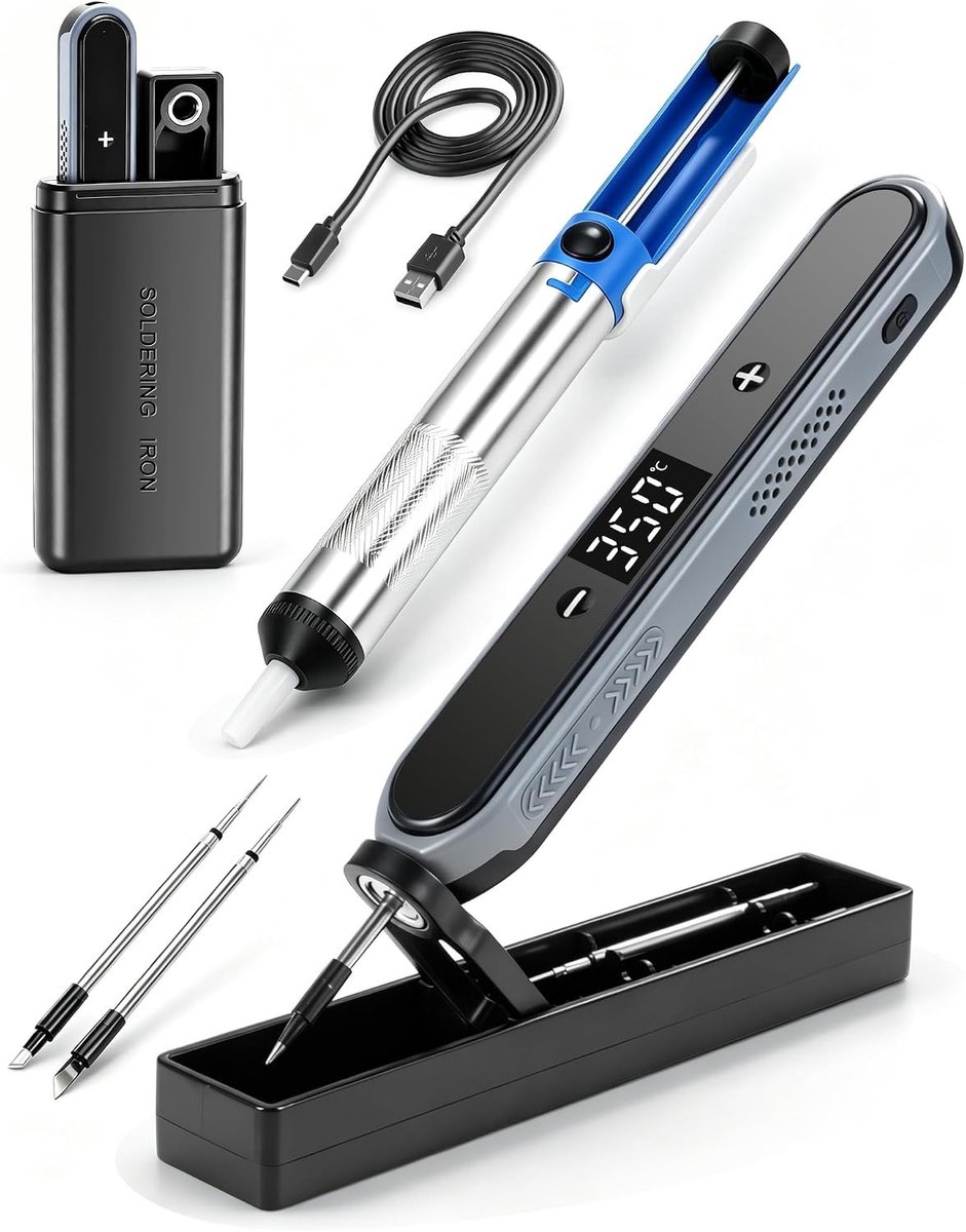 Draadloze soldeerbout set met 1600 mAh batterij, USB-C aansluiting, LED-scherm en temperatuurregeling van 180-450 °C, inclusief 3 soldeerpuntjes en snelle verwarming
