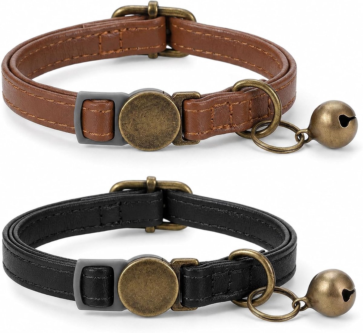 2 stuks kattenhalsband, leer, met bel, zachte halsband