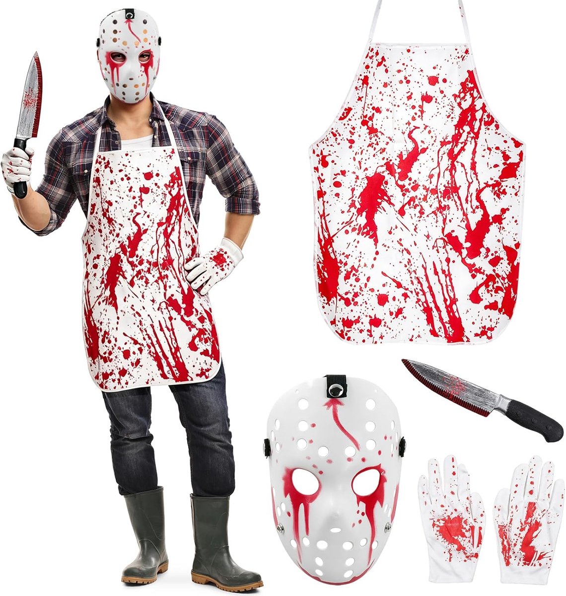 Slagerkostuum voor Halloween, voor heren, big schort met masker, handschoenen en mes, horror Halloween-verkleding voor feest, carnaval en carnaval, griezelig slagerkostuum voor heren