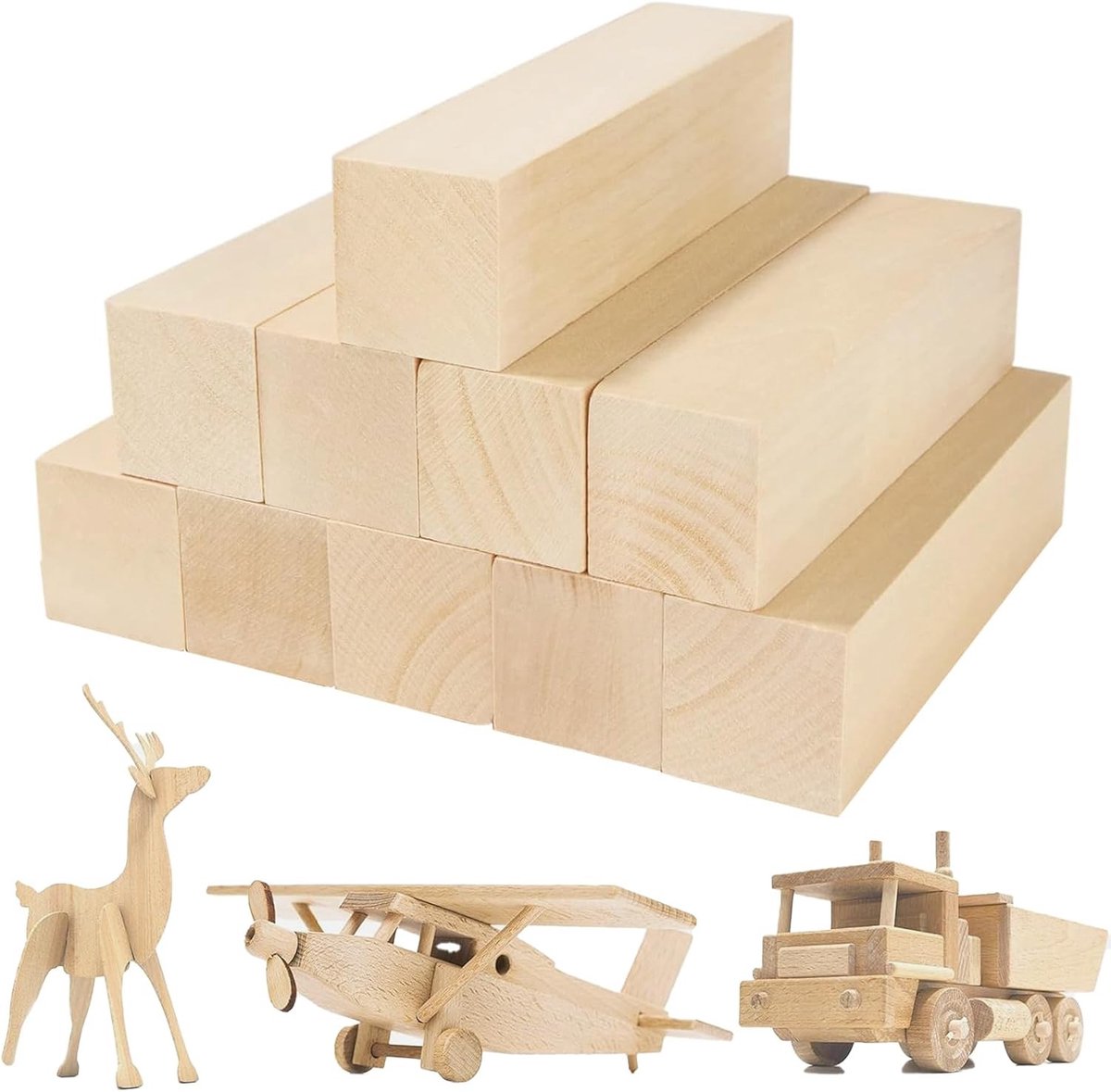 Houten Snijblokken voor Ambachten en Draaien, 10 Stuks van 10 x 2.5 x 2.5 cm, Ongeschuurd Natuurlijke Hout voor Beginners, Kinderen en Volwassenen