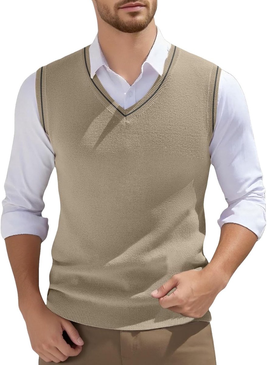 Mouwloos gebreid vest voor heren, V-hals, effen, lente, mouwloos