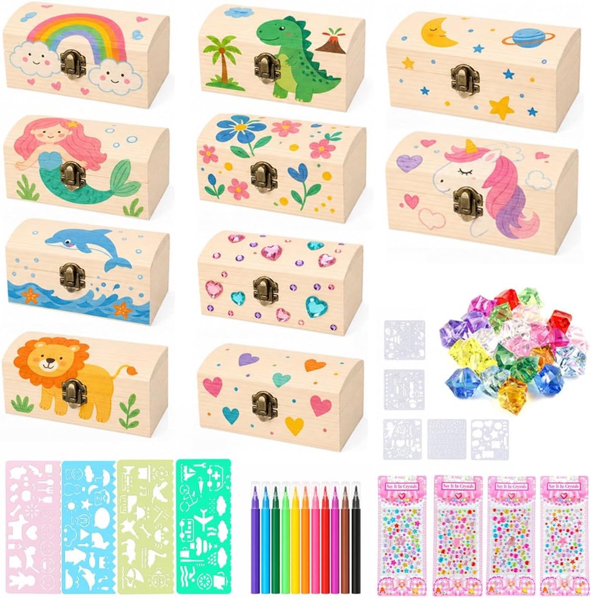 10 stuks schatkist voor kinderfeestjes, houten schatkist-knutselpakket, kleine houten kist met deksel, mini-schatkist van hout om te beschilderen en voor knutselactiviteiten