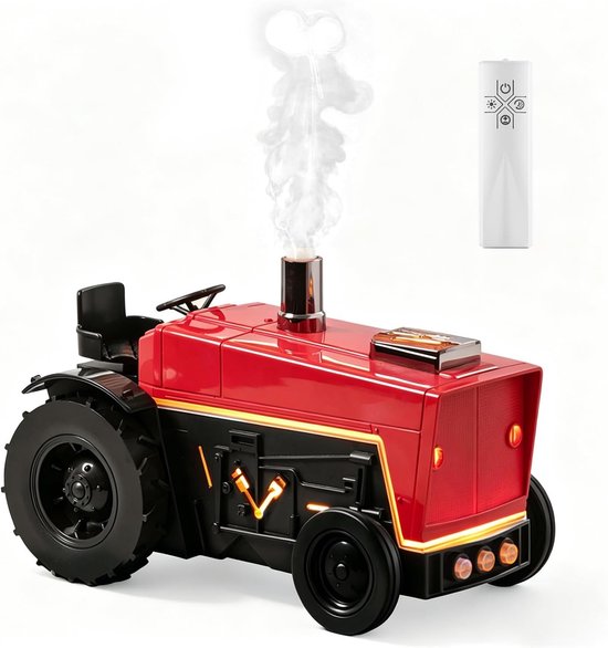 Rode tractorvormige aromadiffuser met zwarte wielen en bijbehorende afstandsbediening.