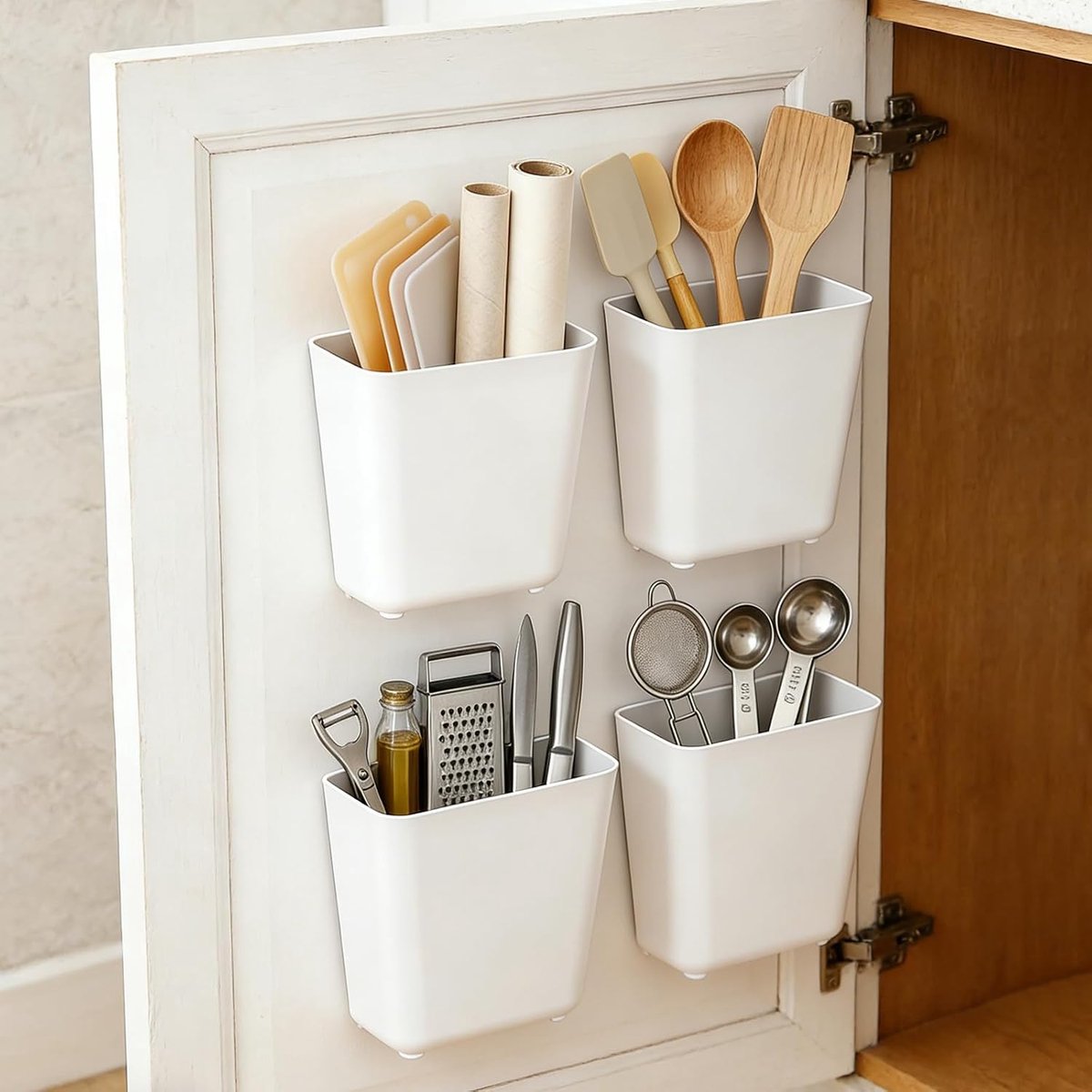 Organizer voor keukenkastdeuren, wandorganizer voor het opbergen van kleine voorwerpen in kasten, koelkasten en badkamers, 4 stuks