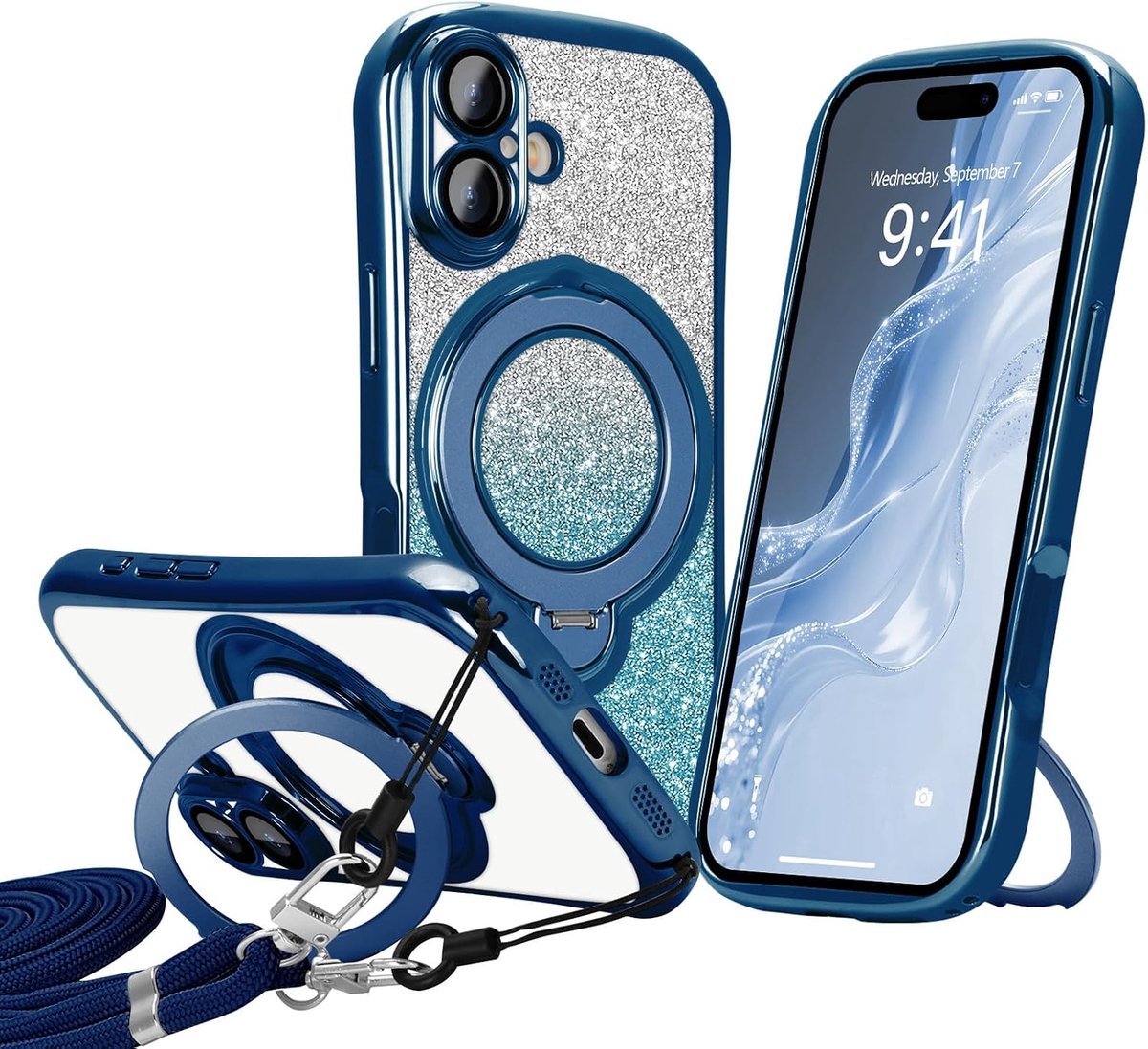 Telefoonhoesje voor iPhone 16, met koord, ringstandaard, donkerblauw