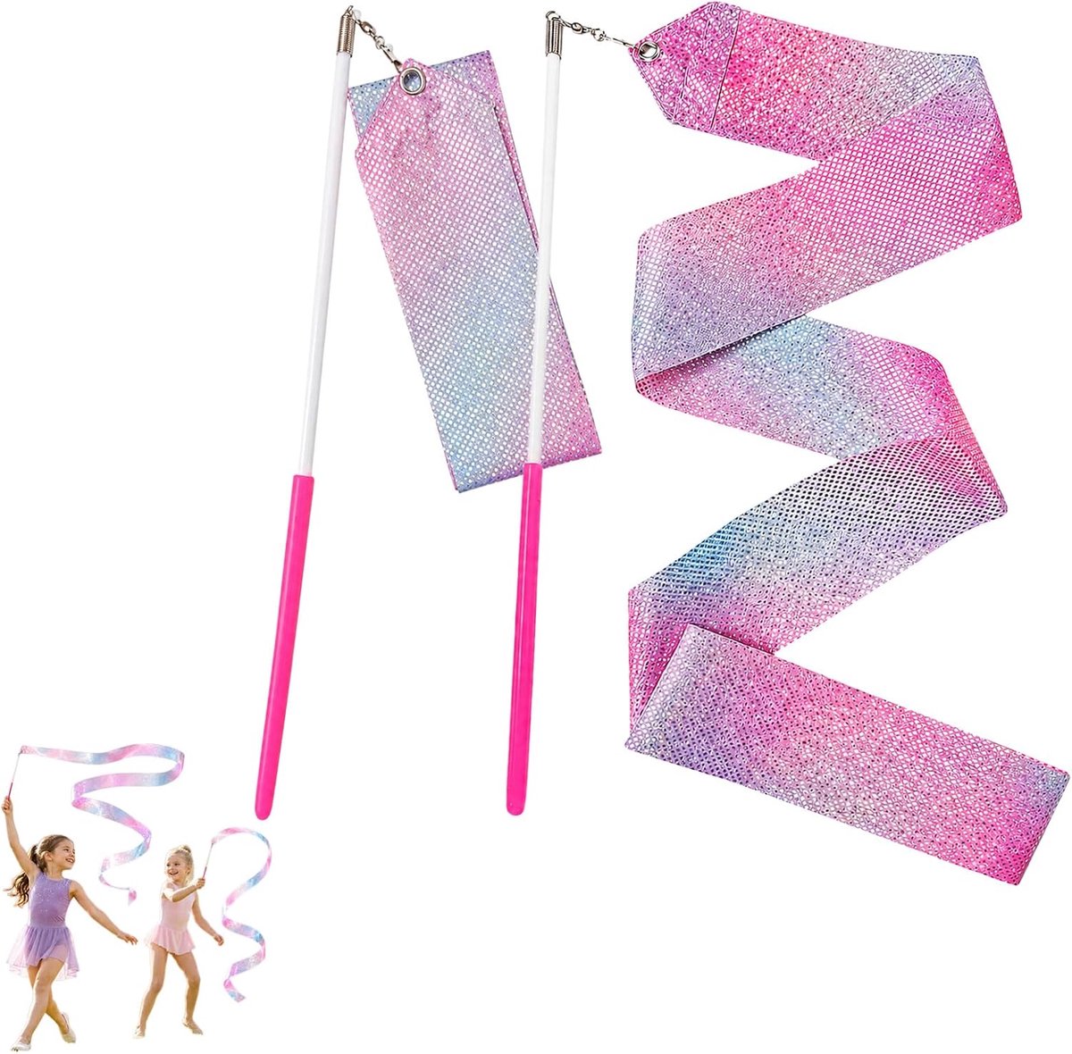 Gymnastiekband, 2 stuks, 2 m, met toverstaf, roze glinsterende dansband voor kinderen, sportactiviteiten, dans, school en creatieve spelletjes