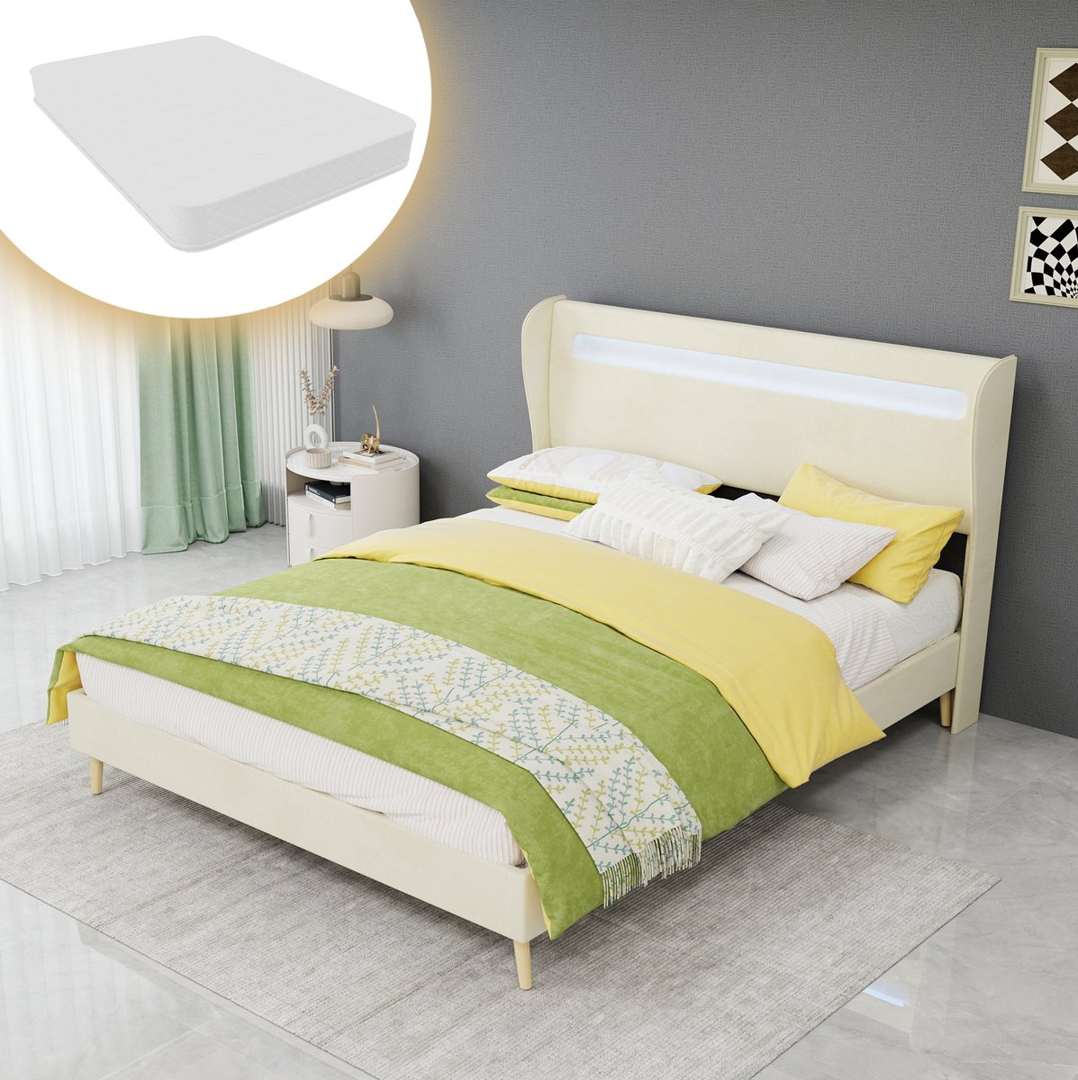 REDOM Bed - LED-hoofdbord - Verstelbare rugleuning - Stoffen bekleding - Metalen frame - Zonder opbergruimte - Modern - Beige - 140 x 200 cm - Inclusief matras
