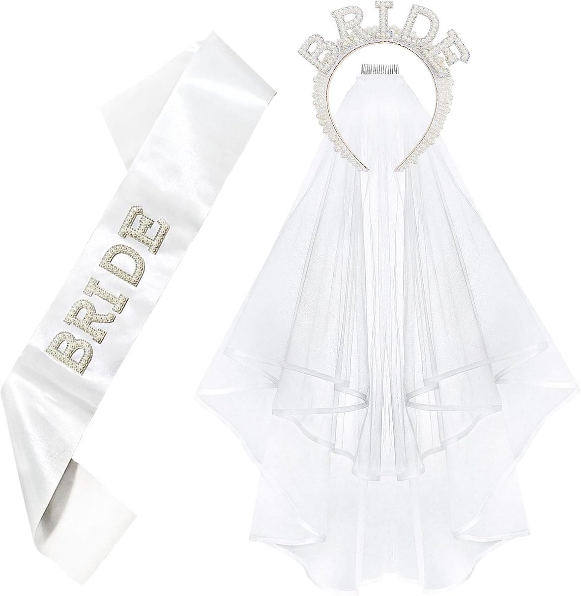 Witte Bruids Sjerp en Bruidsluier Set voor Vrijgezellenfeest, Gastcadeaus en Bruiloft Accessoires