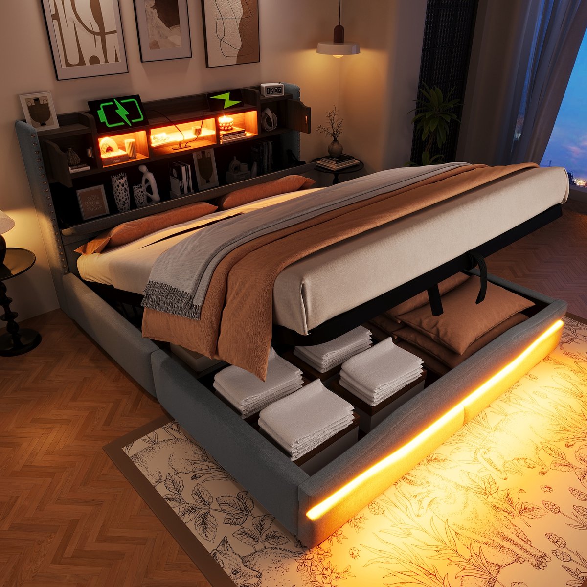 Sweiko Gestoffeerd Bed - 160 x 200 cm - USB-aansluiting - LED-verlichting - Opbergruimte - Tweepersoonsbed - Grijs