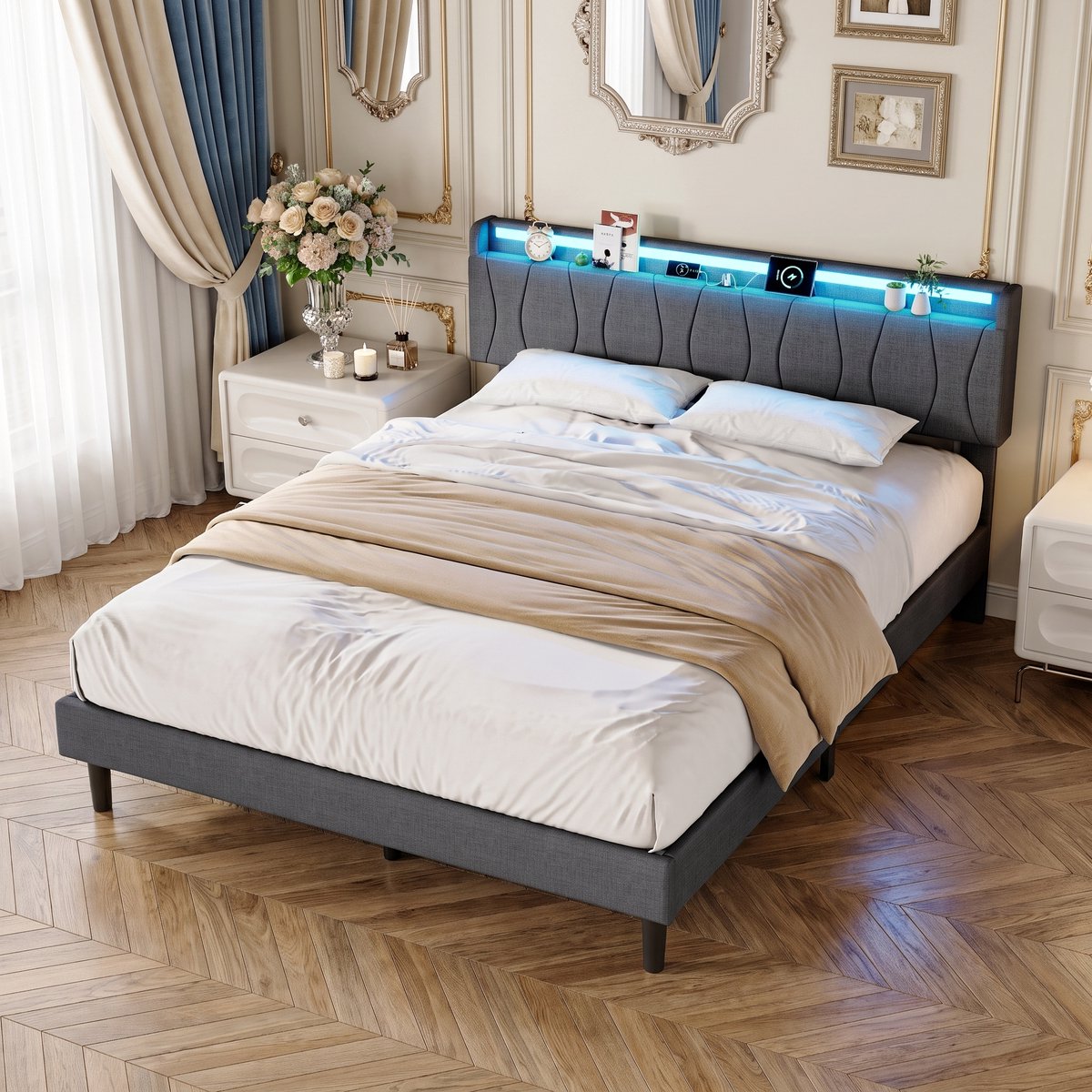 Tweepersoonsbed 160×200 cm, met opbergruimte in het hoofdeinde, gestoffeerd bed met led-lichtstrip en usb-oplaadpoort, bedframe met lattenbodem, linnen DonkerGrijs