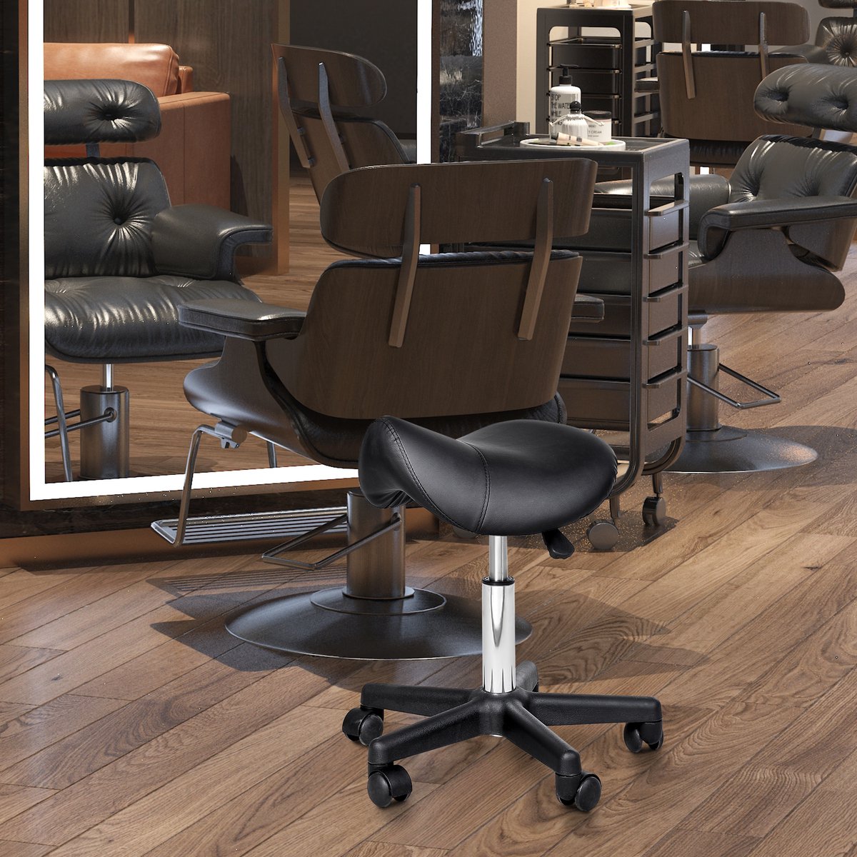 Zadelkruk - in hoogte verstelbaar 43-55 cm, 360° draaibaar, op wielen, zadelzitting, zwart, voor salon en spa