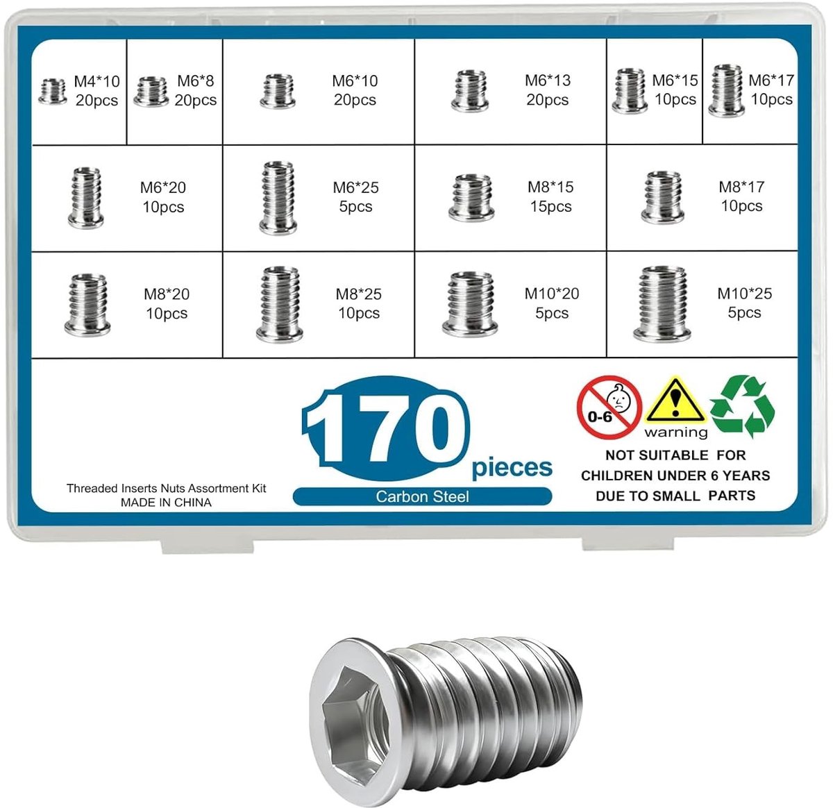 Assortiment van 170 Schroefmoeren M4 M6 M8 M10, Universele Draadmoeren voor Houten Meubels, Kasten en Tafel- en Stoelassemblage