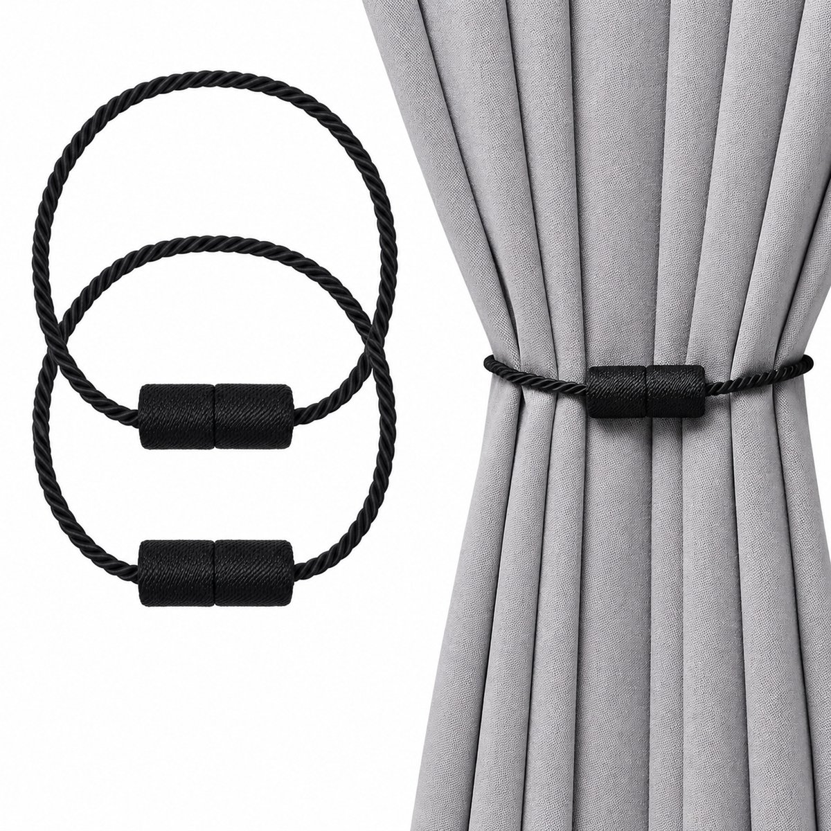 Kaiyaya - Gordijnhouder Set van 2 Stuks - Magnetische Gordijnbinders, Zwart - Polyester, Verstelbaar & Zonder Boren - voor Woonkamer, Slaapkamer, Kantoor - 2 Stuks