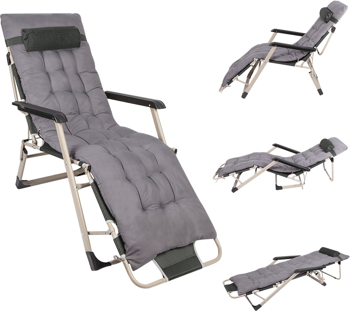 PIPIPOXER Opvouwbare Ligstoelen -Traploos Verstelbaar - Tuinstoelen - Verstelbare Rugleuning - Ligbedden - Tuinligstoel - Strandstoel - Grijs