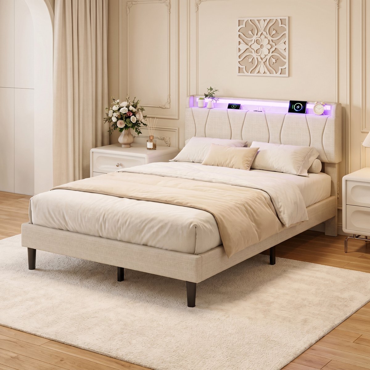 Tweepersoonsbed 140×200 cm, met opbergruimte in het hoofdeinde, gestoffeerd bed met led-lichtstrip en usb-oplaadpoort, bedframe met lattenbodem, linnen Beige