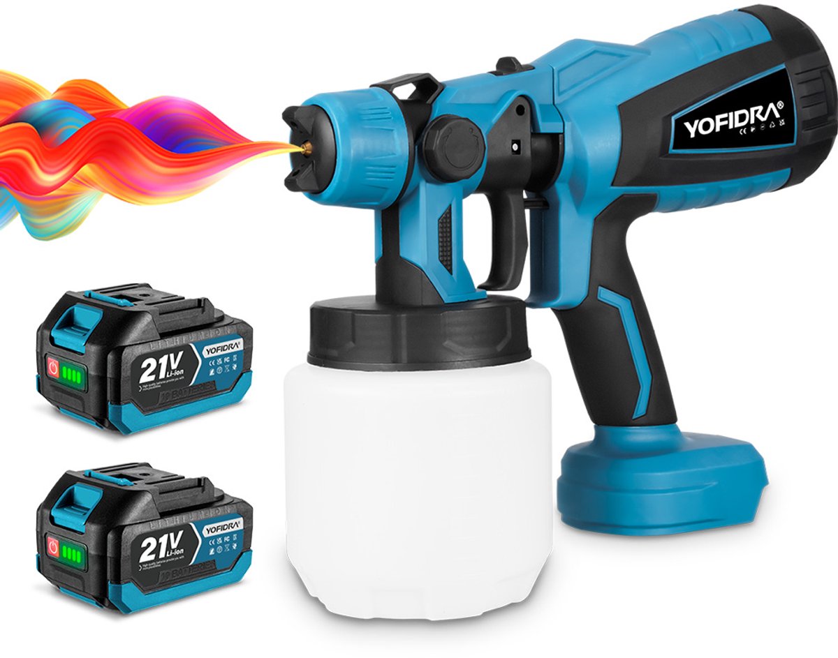 YOFIDRA 21VDraadloos verfspuitpistool– Zuiver Koperen Motor, 3 Sproeistanden, 1000ML, Complete Set met 2 Batterijen
