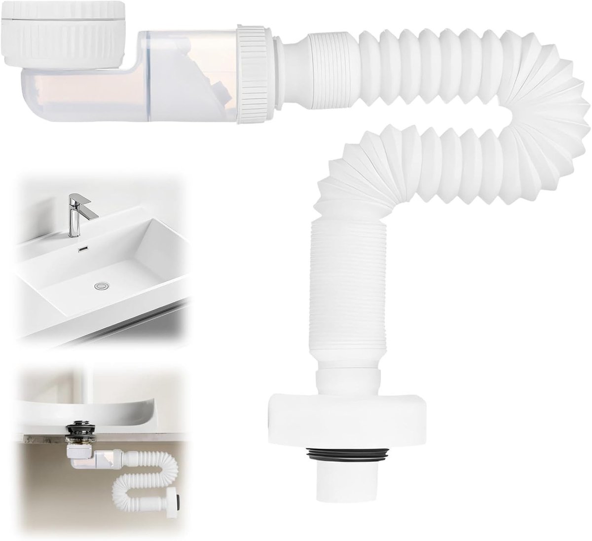 Siphonafvoer 1 1/4 Inch met Geurafsluiter, 360° Verstelbare Flexibele Afvoerslang voor Keuken en Badkamer, Ruimtebesparende Afvoeroplossing voor Afvalwater