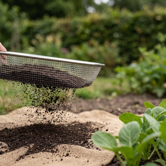Roestvrijstalen tuinzeef set van 4, ideaal voor compost, aarde, zand en stenen, 33,5 × 25 × 6 cm, 6 mm maaswijdte — afbeelding 3