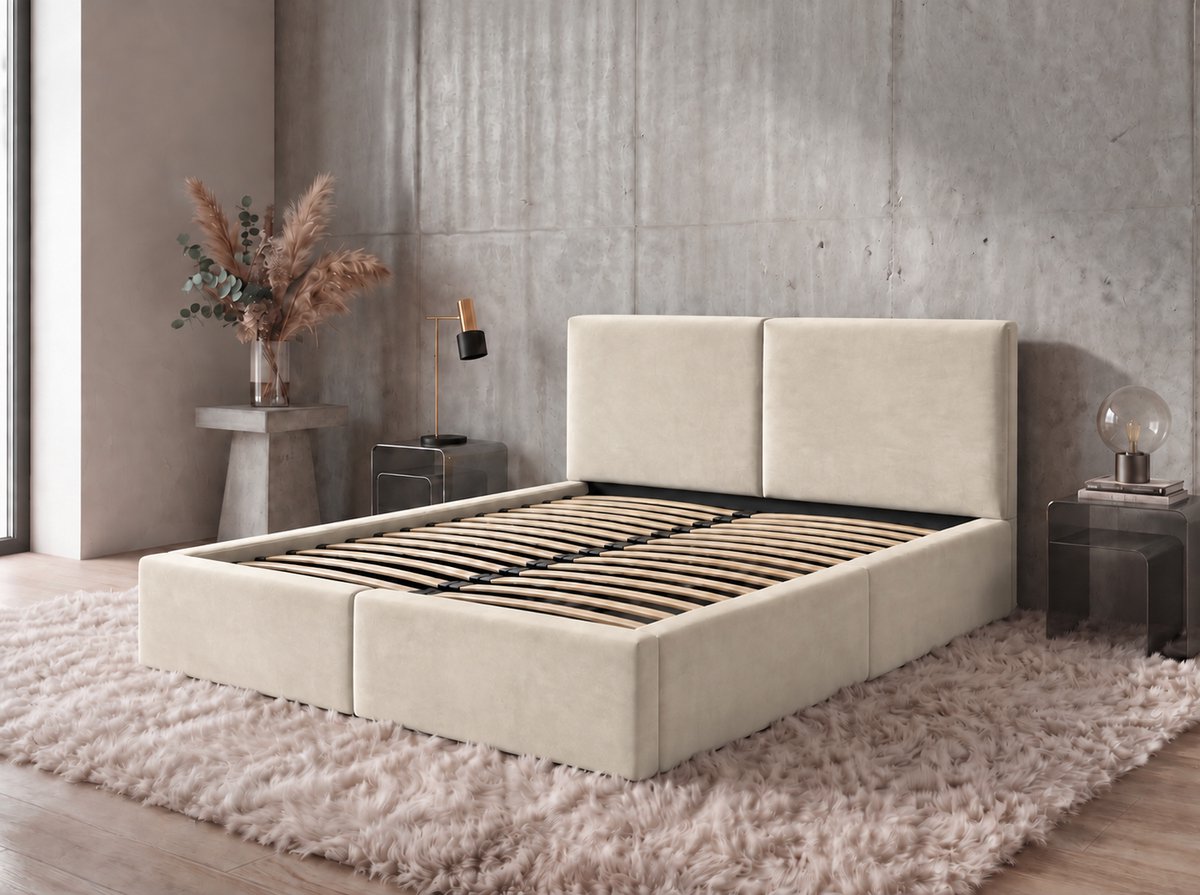 BMS HILTON Upholstered Bed, 160 x 200 cm, with storage, cashmere color
