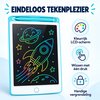 Blauw LCD tekentablet met een raket, planeet en sterren. Kleurrijk LCD-scherm, wissen met één druk, handige vergrendeling.