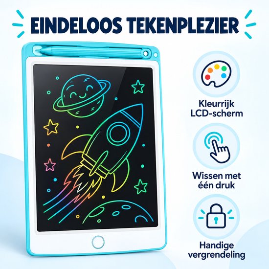 Blauw LCD tekentablet met een raket, planeet en sterren. Kleurrijk LCD-scherm, wissen met één druk, handige vergrendeling.
