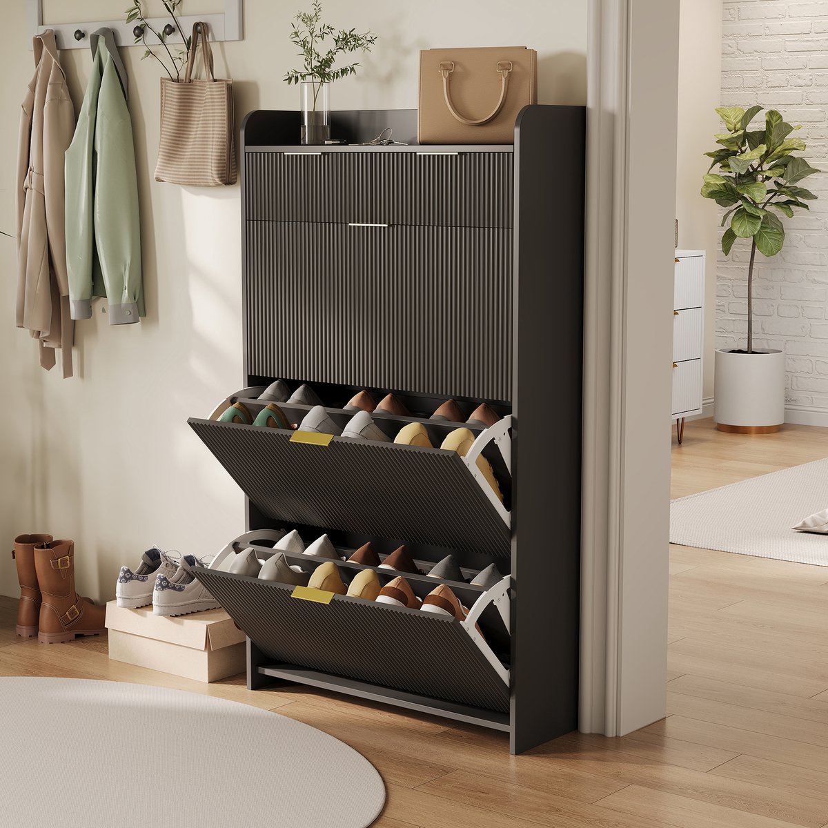 Yelenaro Schoenenkast zwart, schoenenopberger met 3 Flappen en 2 lades, schoenenrek met Verstelbare Planken, Voor Hal En Woonkamer, 77x24x133.5 cm