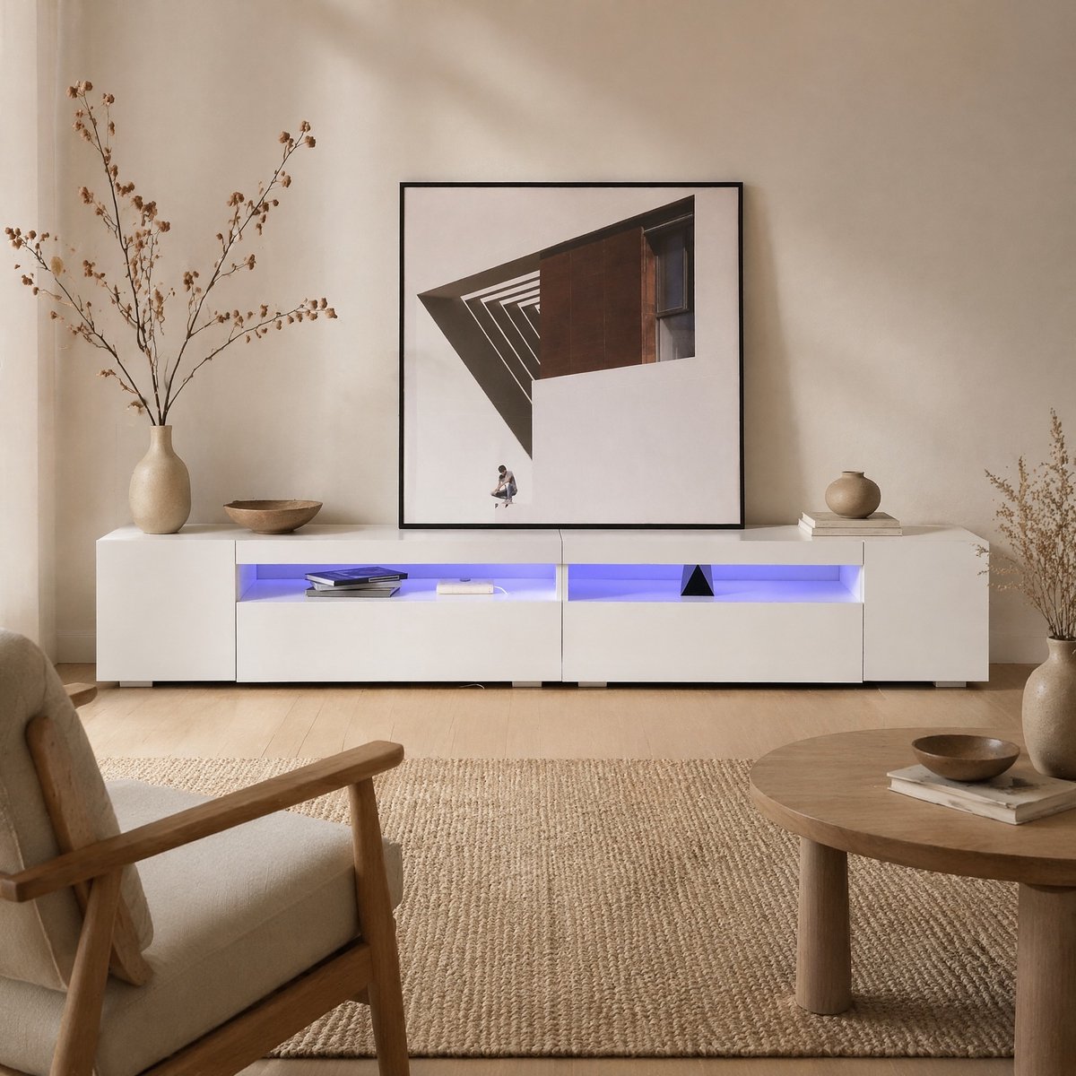 WUVRIE TV-meubel 240 cm - Variabele LED-verlichting en open vak - Wit