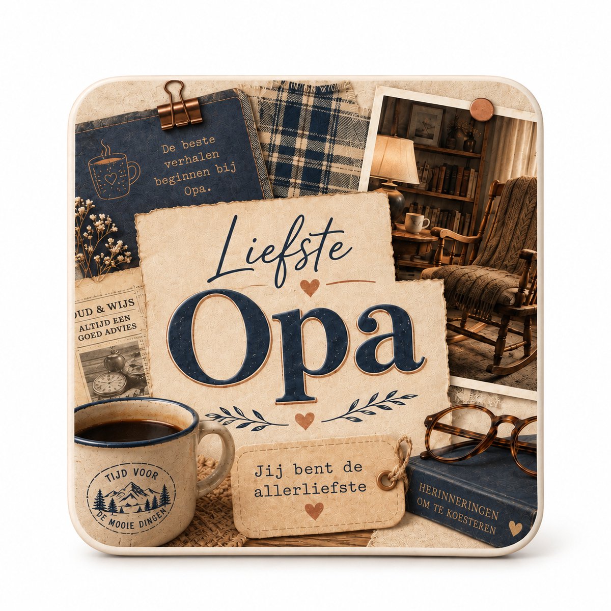 Liefste Opa MDF onderzetter – 10 x 10 cm – Cadeau voor Opa – Vierkante Onderzetter met Vintage Collage Design