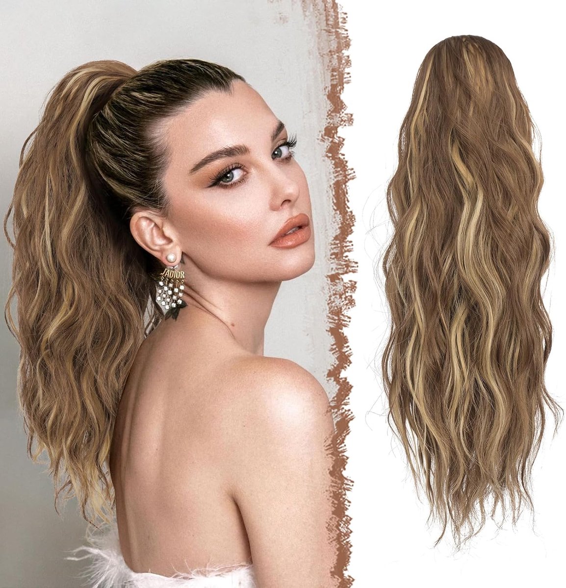 FESHFEN Wavy Ponytail Extensions 45cm Long Hair Ponytail Extensions with Cord Light Brown & Blonde Hair Extensions - ShopVlot