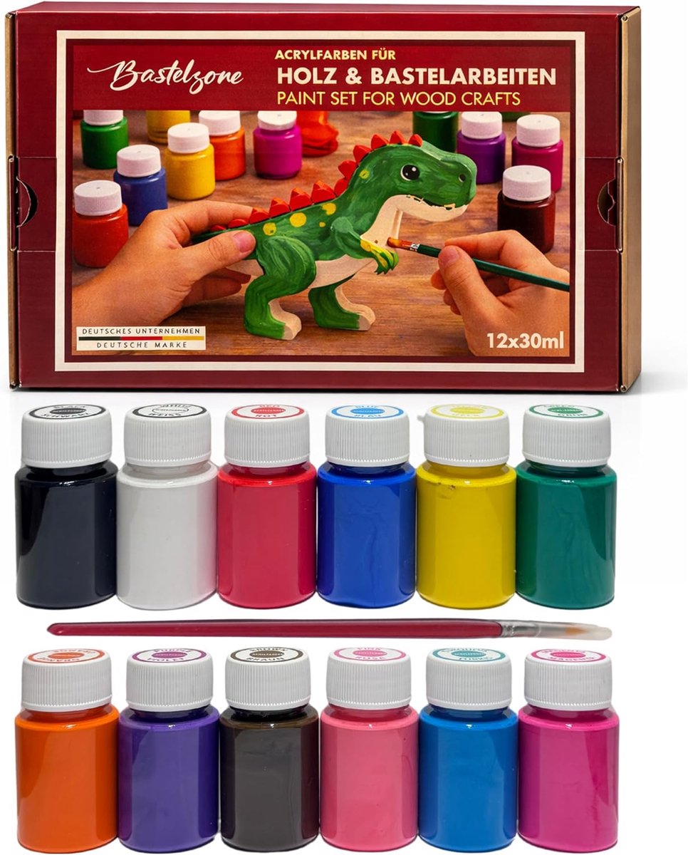 Acrylverfset met kwast, 12 kleuren van elk 30 ml, voor canvas, hout, papier en knutselwerk, op waterbasis, sterk - ShopVlot