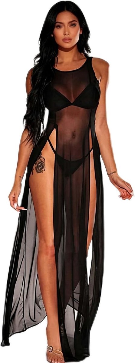 Elegante Doorzichtige Mesh Jurk voor Vrouwen, Sexy Lange Jurk met Hoge Split, Perfect als Strandoutfit of Bikini Cover-Up (Zwart/Wit)