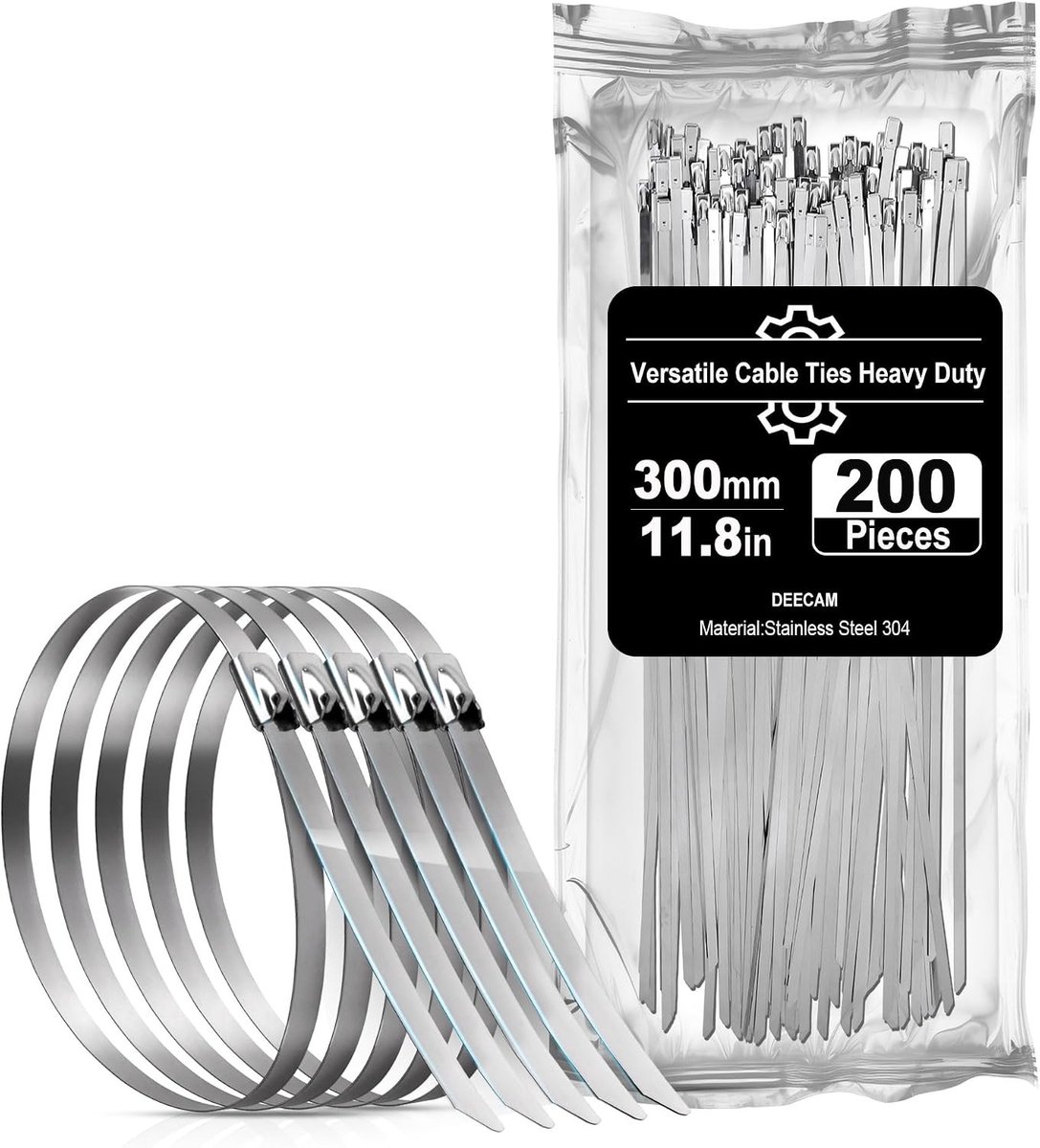 Pack van 200 RVS Kabelbinders, 300 x 0,5 cm, Extra Sterk en Hittebestendig voor Tuin, Omheining en Uitlaattoepassingen