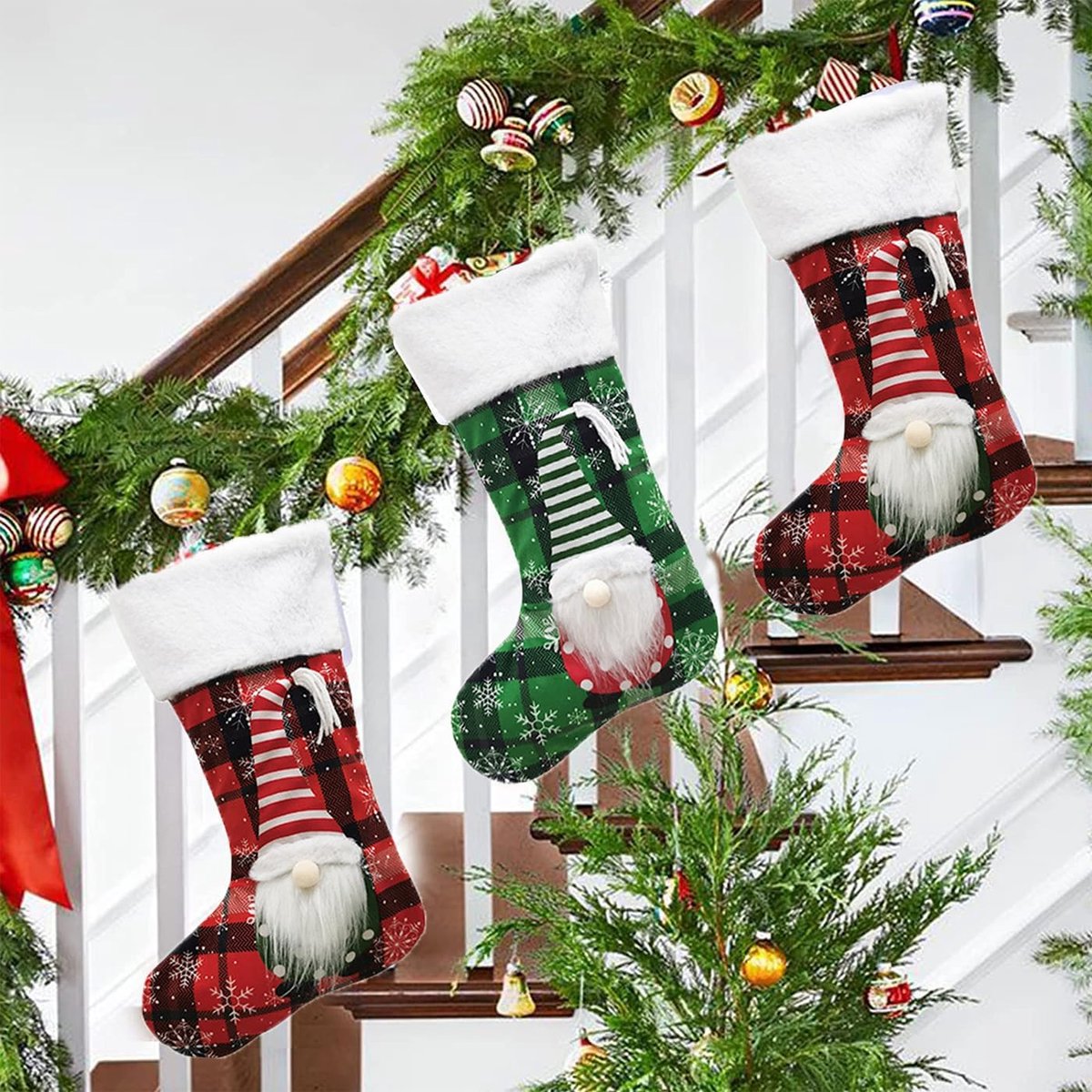 2 stuks 3D kerstkous grote kerstman, kerstkabouter, elfen, kerstkousen om op te hangen aan de open haard voor het gezin kerstdecoratie Xmas karakter vakantie party decoratie