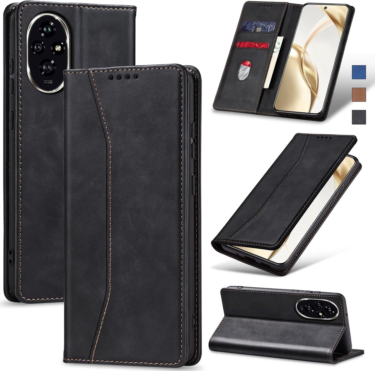 Hoesje voor Honor 200 Hoes Book case, Premium Lederen Flip Wallet Telefoon Case [Kickstand]Hoogwaardige cover mobiele telefoon case geval beschermhoes (Zwart)