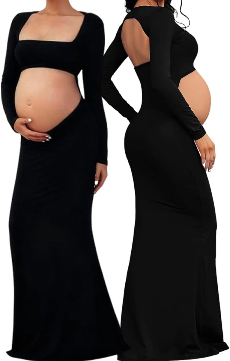 Zwangerschapsjurk voor fotografie, zwangerschapsjurk, fotojurk, maxi-jurk, holle, lange mouwen, elegante rugvrije jurk, lange zwangerschapsjurk voor fotoshoot