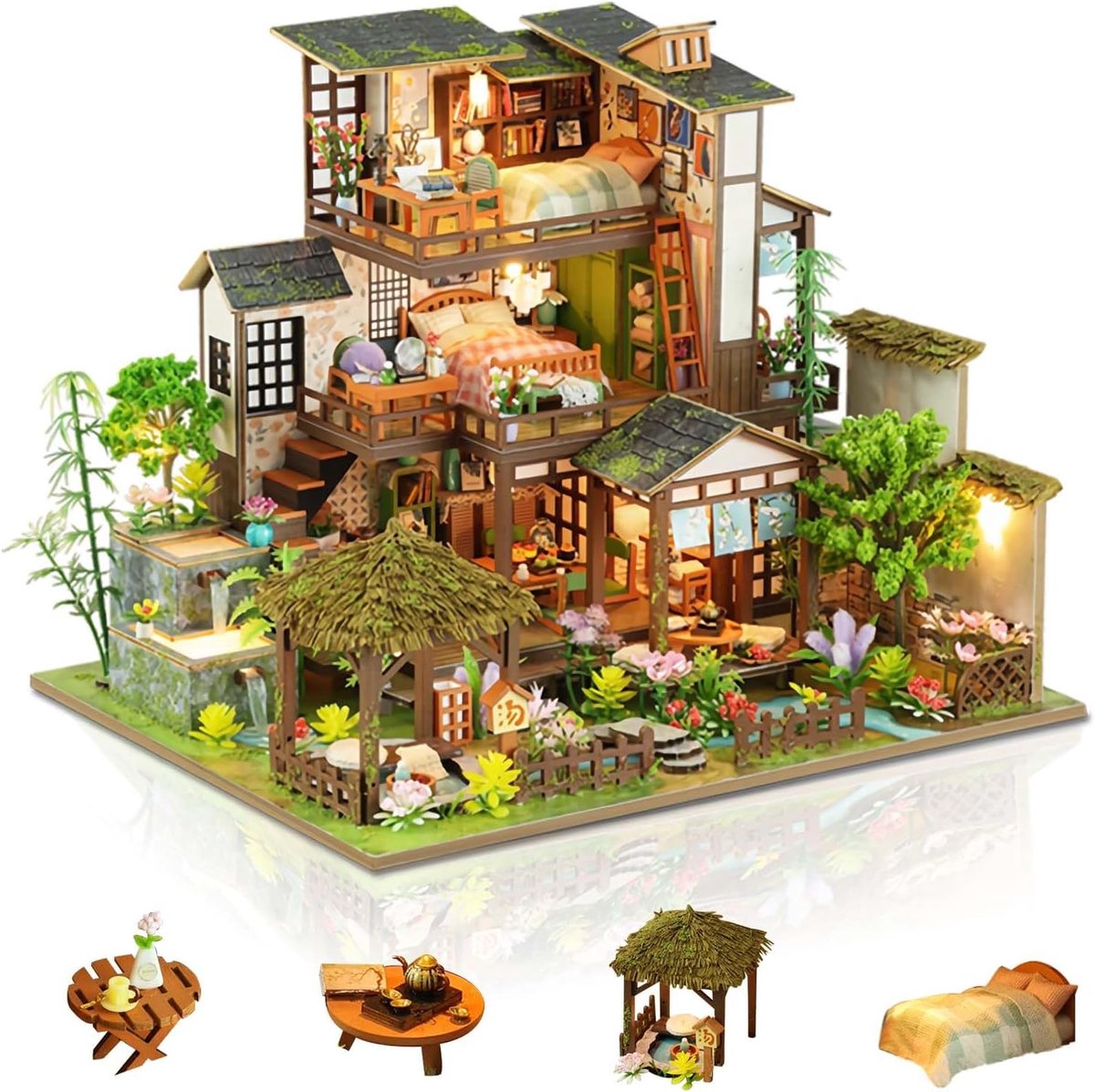 Miniatuur poppenhuissets, miniatuurhuiskit, poppenhuiskits voor volwassenen om te bouwen, uniek cadeau voor verjaardag Vaderdag, bamboe lente binnenplaats