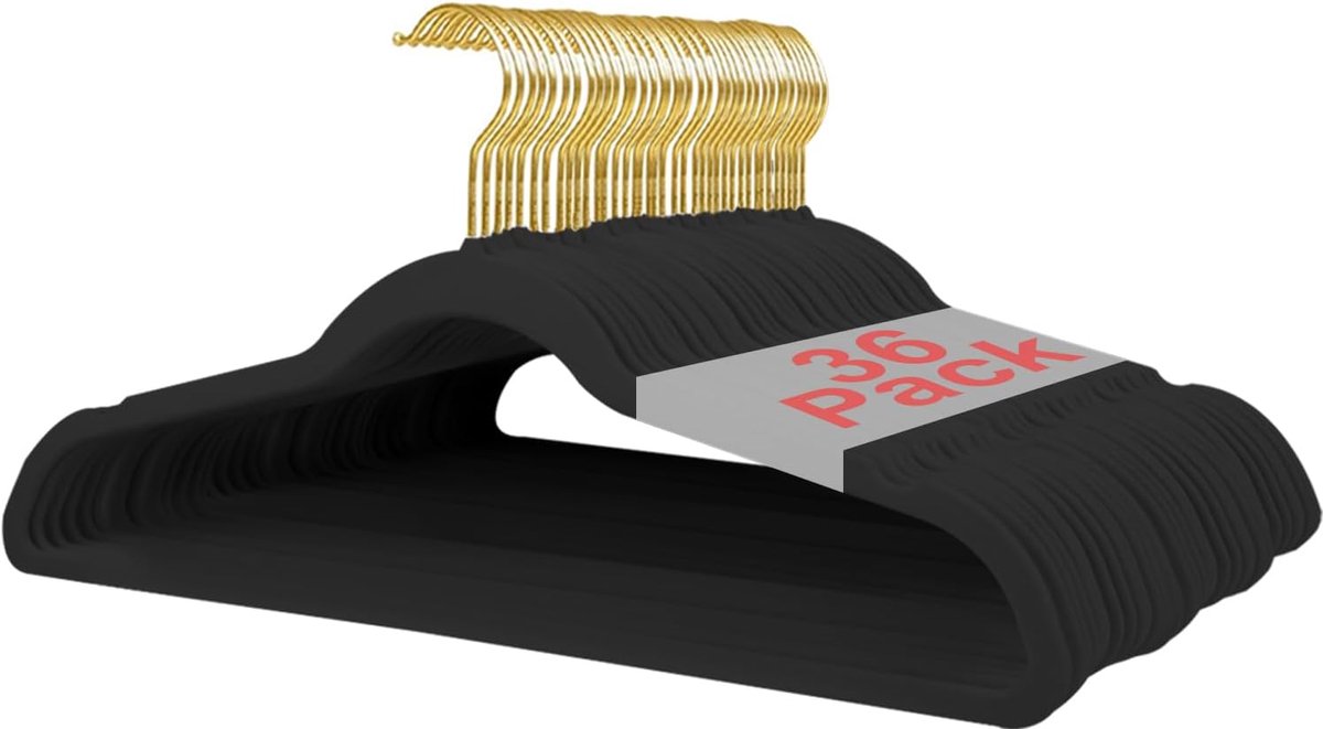 36 stuks fluwelen kleerhangers, 45 cm antislip rok en kledinghangers met schouderinkepingen - ruimtebesparend, stevig, zwart met gouden haak