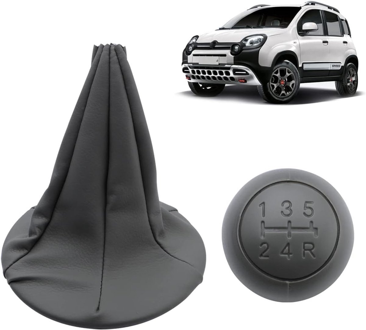 Schakelmanchet + grijze kleurknop + houderring versnellingsbak schakellaarzen kunstleer handgeschakelde versnellingsbak geschikt voor Fiat Panda / 500 500C