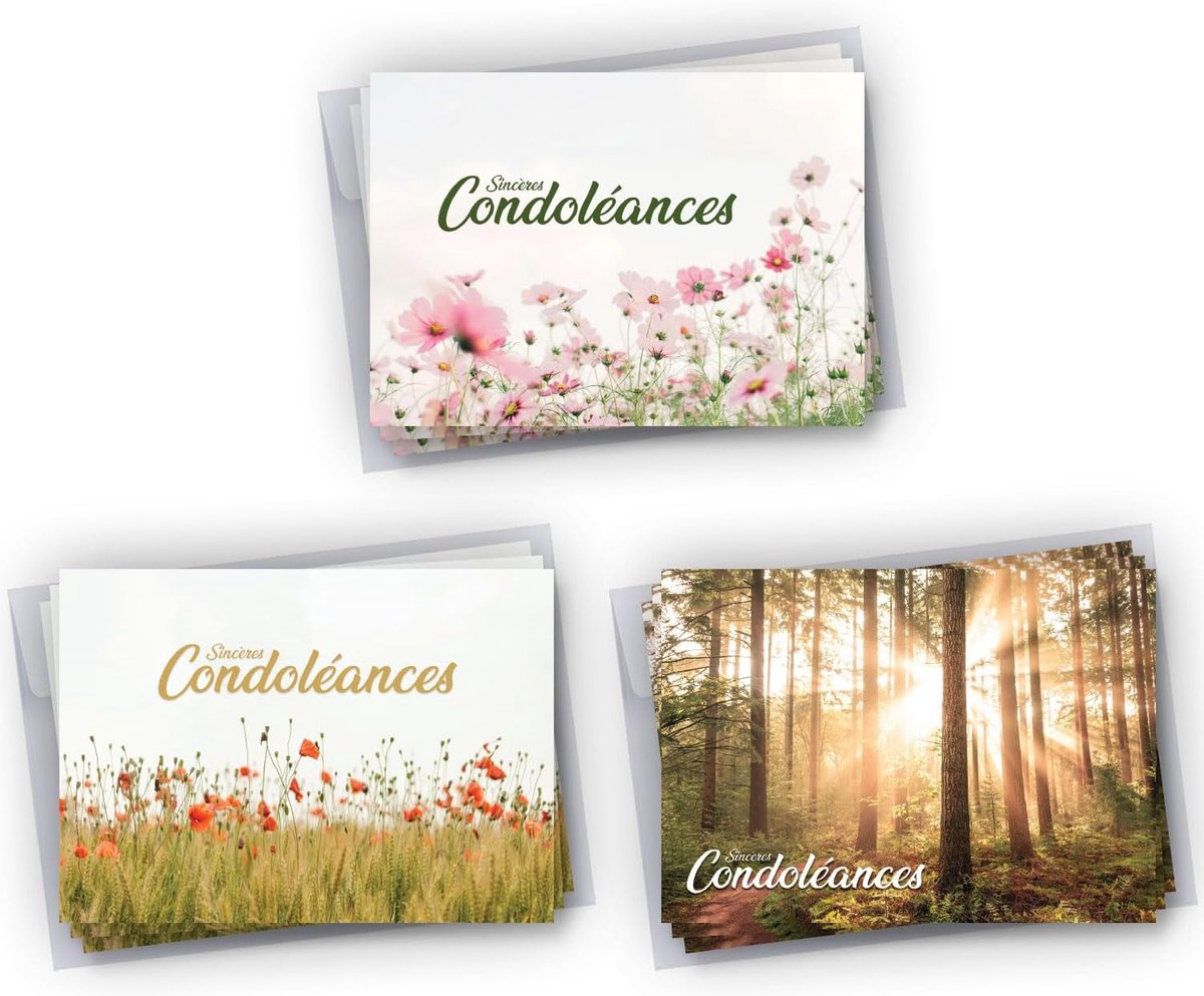 Parfait Set van 9 rouwkaarten + 9 zelfklevende enveloppen, 3 verschillende motieven (bloemen, tarwe, bos) • formaat 10 x 15 cm