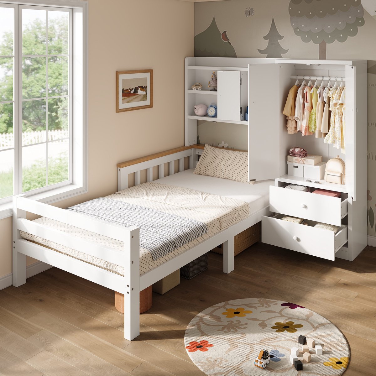 Sweiko Kinderbed - 90 x 200 cm - Met kledingkast - Opbergruimte - 2 lades - Houten bed - Wit