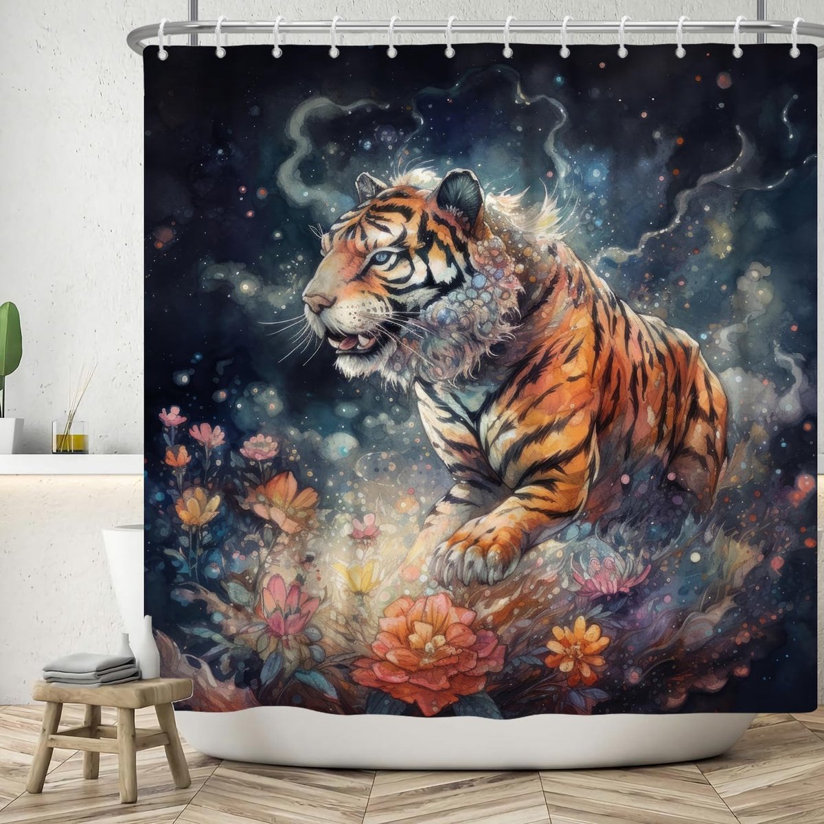 Douchegordijn, 180 x 180 cm, kunst, aquarel, dominant, tijger, dieren, roos, kleurrijk, bloemen, badkamer, wasbaar, polyester, textiel, waterdicht, badgordijn voor bad, met 12 haken