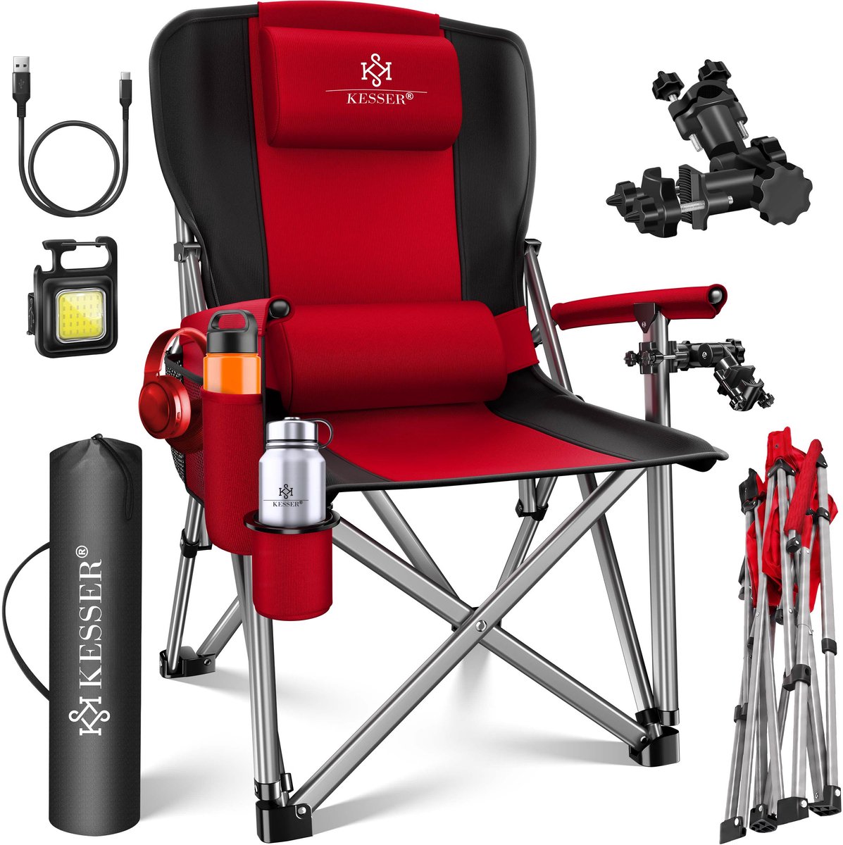 KESSER® Campingstoel - opvouwbaar tot 160 kg - gevoerd met armleuningen en bekerhouder - rood/zwart