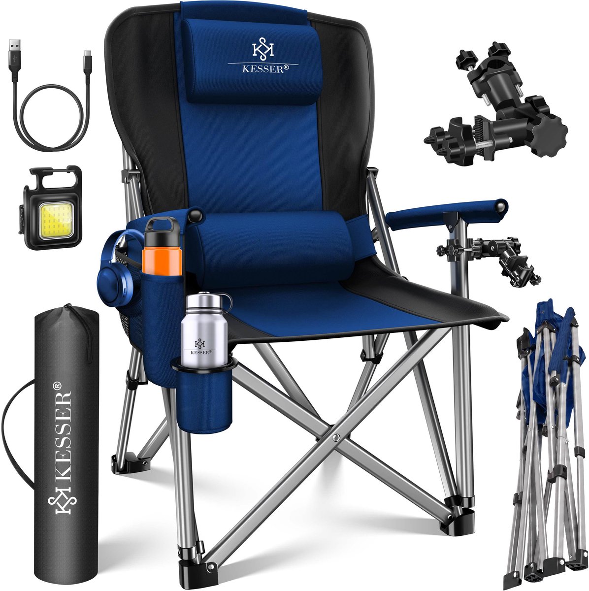 KESSER® Campingstoel - opvouwbaar tot 160 kg - gevoerd met armleuningen en bekerhouder - marineblauw/zwart