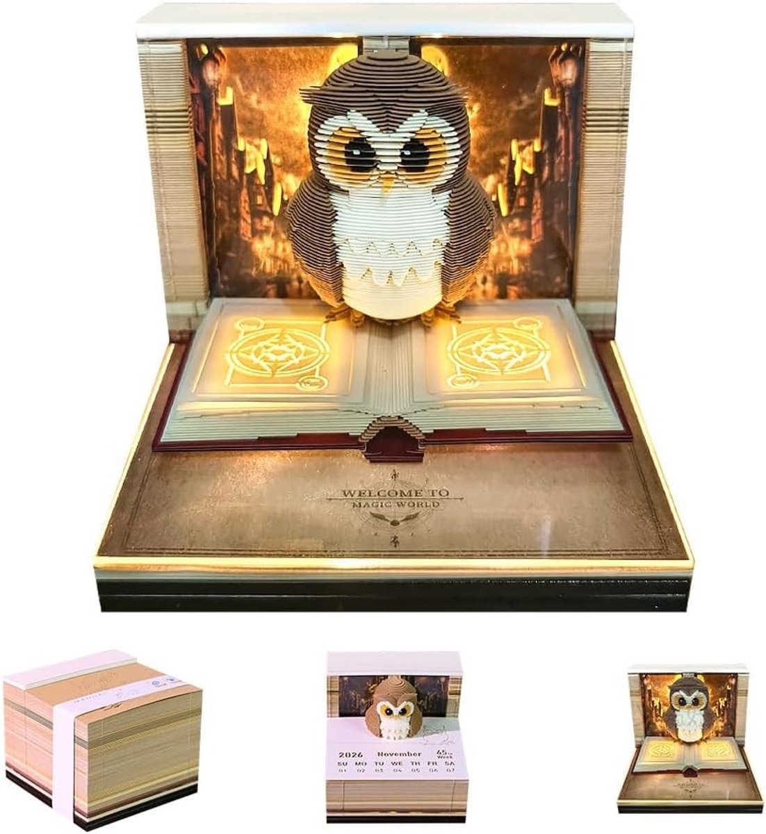 3D Kalender 2026 Bureau Kalender met LED Verlichting, Notitieblok, Scheurkalender, Zelfklevende Notities, Duurzaam en Decoratief voor Thuis en Kantoor