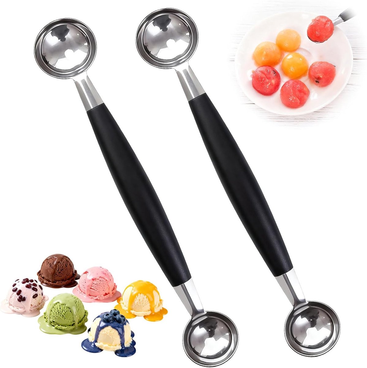 Double ball shape, diameter 25/30 mm, 2 pieces, double-sided hollowed spoon, professional quality, melon cutter, fruit - ShopVlot