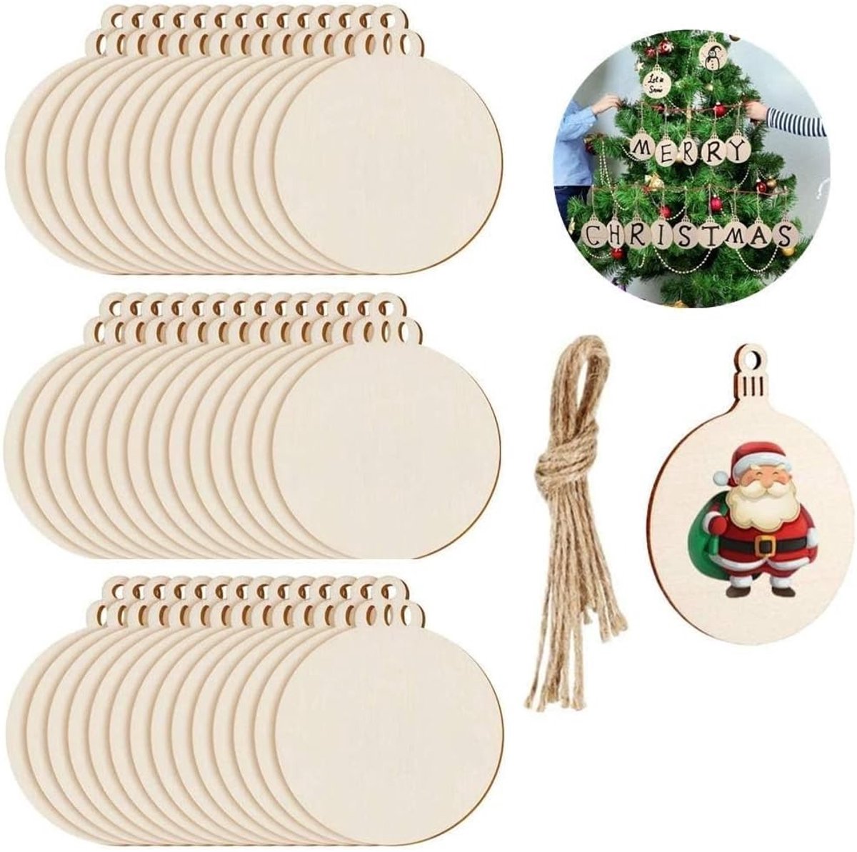 Set van 100 Decoratieve Houten Kerstballen, Ronde Houten Schijven voor Kerstdecoratie, Ambachten en Scrapbooking