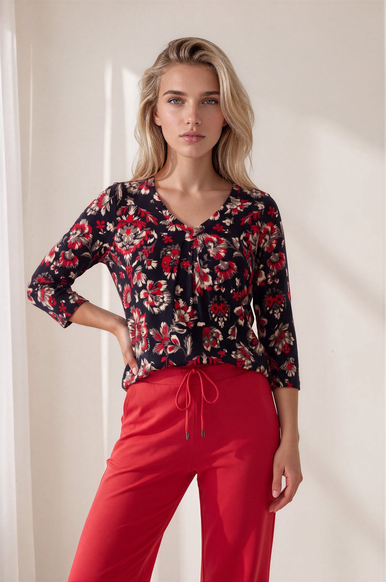 MI PIACE - Travel Top V Neck Pleated 3/4 Sleeves Ornametal Flowers Print 202914 Samba - Maat : XXL