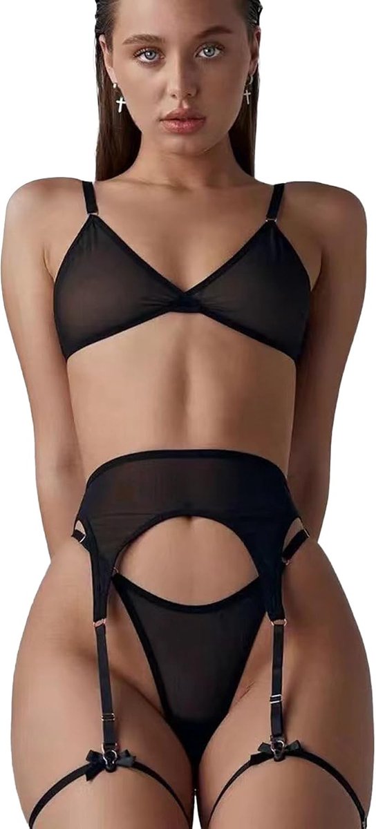 Women's Sexy Underwear Bra and Briefs with Garter 3-Piece Erotic Transparent Garter Set for Anniversaries or - ShopVlot
