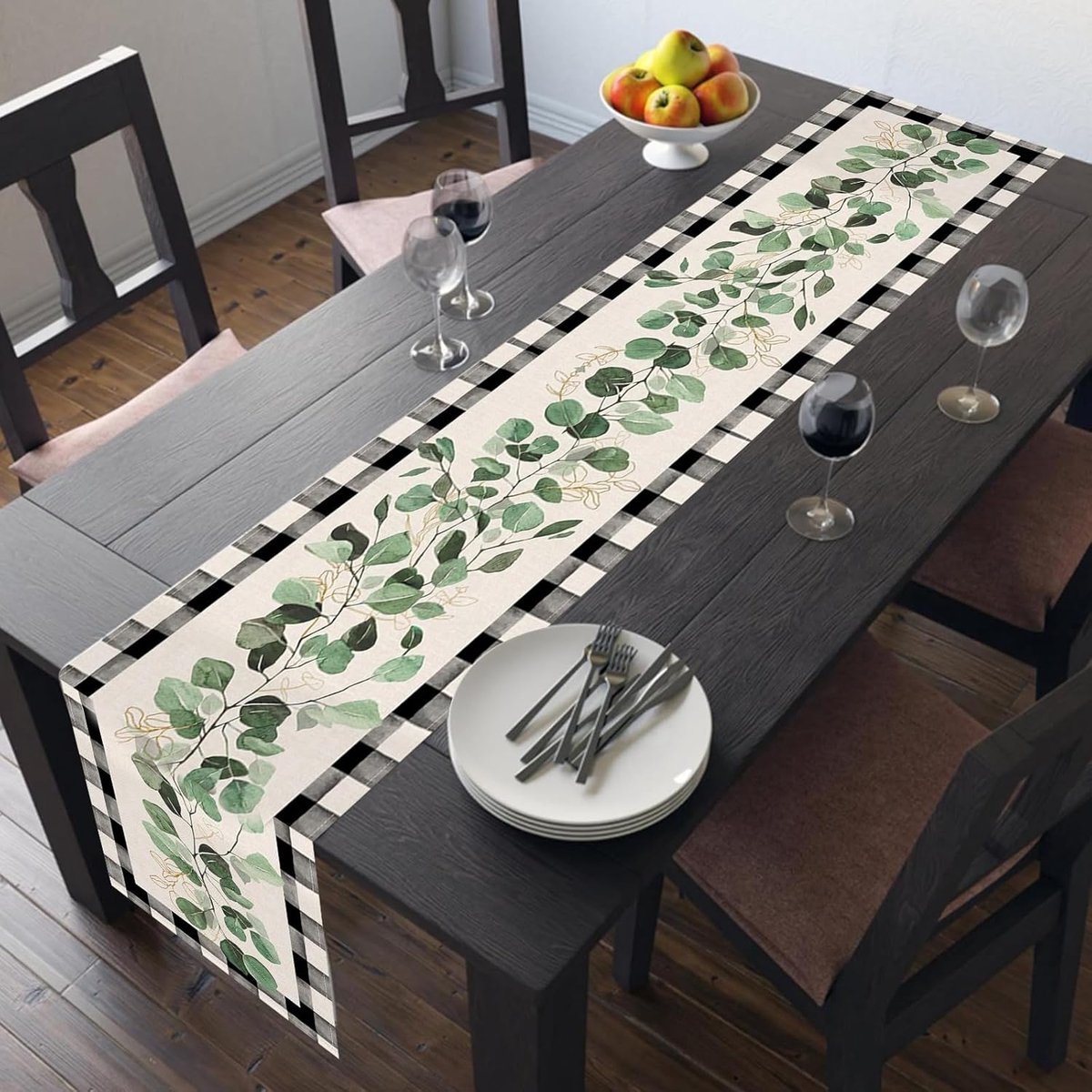 Tafelloper, eucalyptusgroen, 33 x 183 cm, linnen, mode, bomen, tafelloper, modern, afwasbaar, waterafstotend - ShopVlot