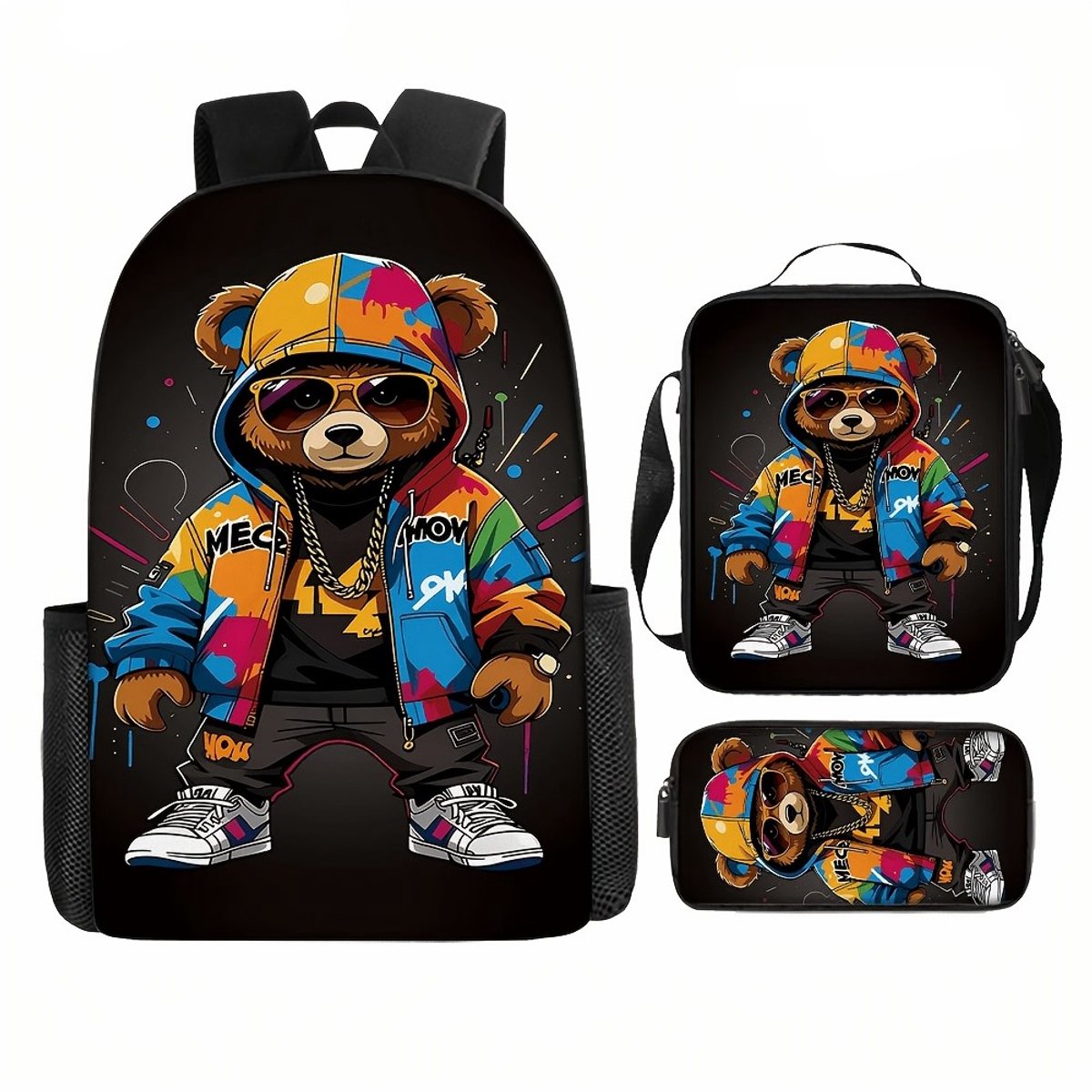 Stoere rugzak | schooltas met vrolijke kleuren | tekenfilmbeer | Beren Rugzak | 15 liter rugzak | Rugtas, etui en lunchtas met mooie 3D geprinte details | 3-delige set jongens schooltassen